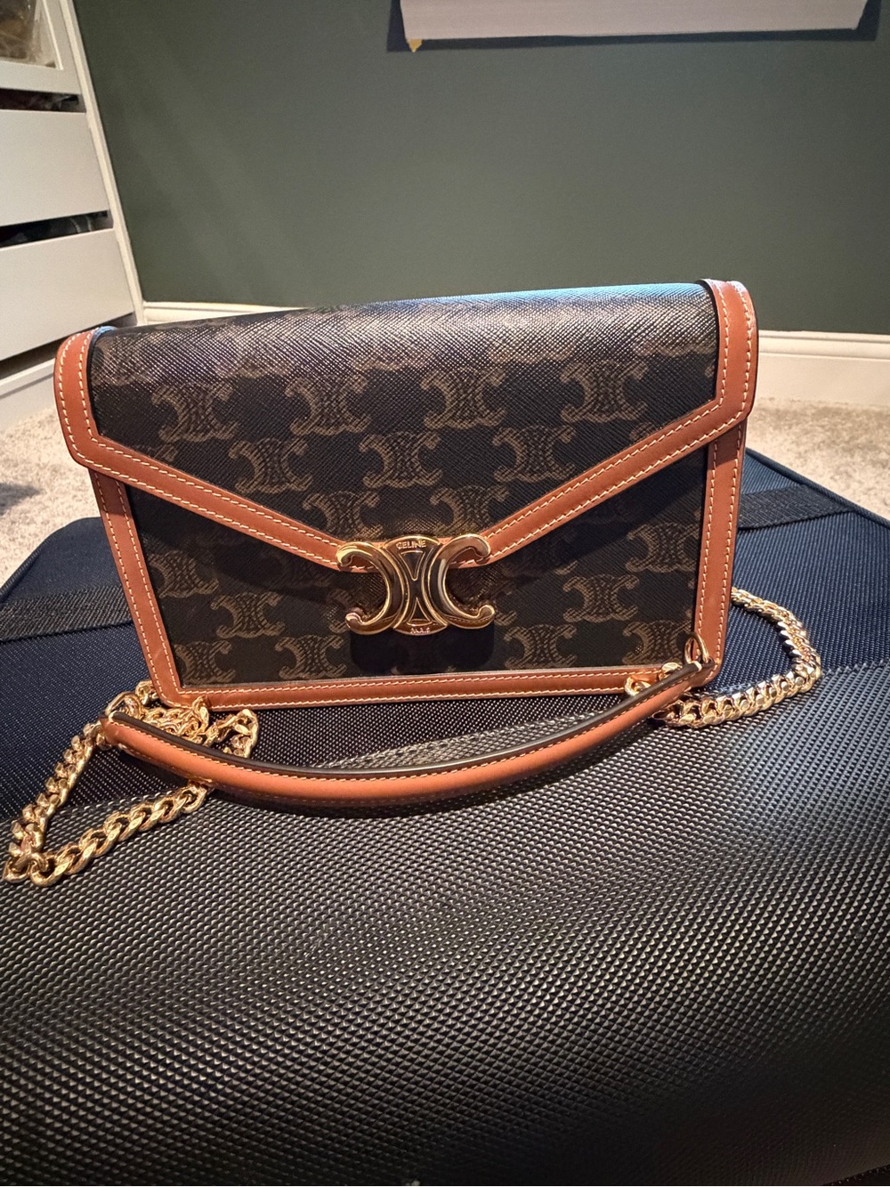 Celine Margo Canvas Crossbody with Brown Leather Trim and Gold Hardware